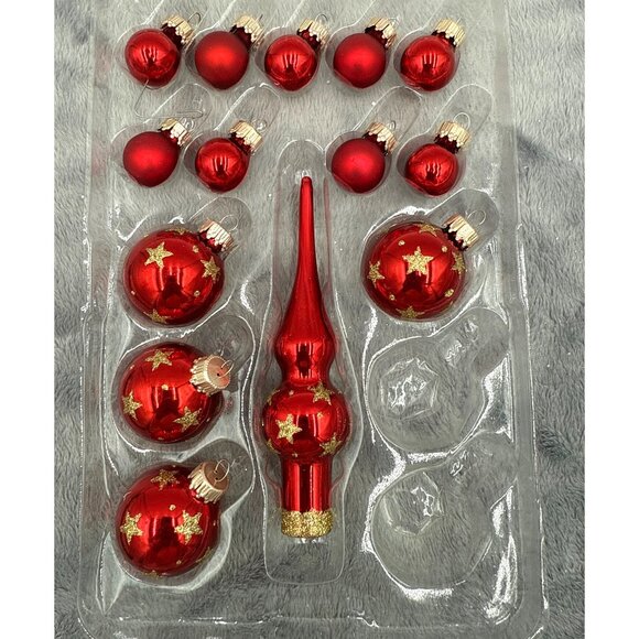 Krebs Elegant Glass Ornaments Set Of 13 With Tree Topper Red & Gold Star Design - Picture 4 of 5